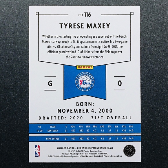 Tyrese Maxey RC - 2020-21 Panini Chronicles Panini #116 - Picture 2 of 2